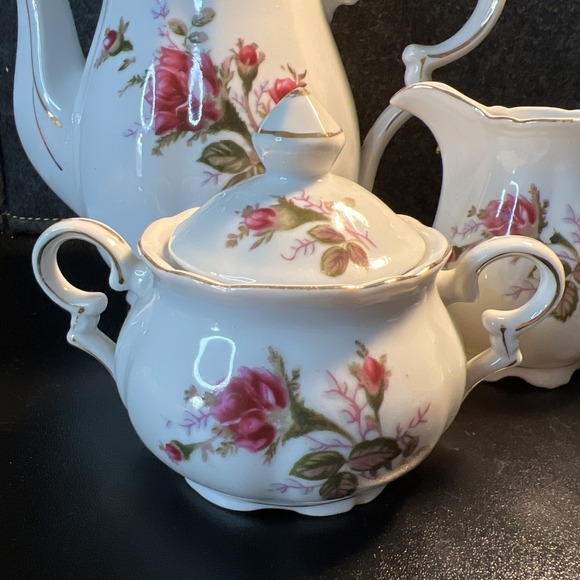 Vintage Moss Rose Teapot Cream And Sugar Set With Lids Saucer Cup - Picture 2 of 13